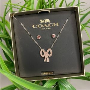 Coach Pink Pave Crystal Stud Earrings and Matching Pink Bow Tie Necklace Box Set
